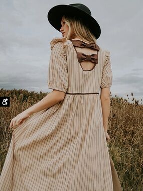 bohme Beige Striped Midi Dress with Tie Detail